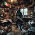 Wide angle Environmental shot of ninja assassin in a cluttered and messy shack, chaotic shack in background, maxilism, Darkwave, Photo Realistic, Sharp Focus, Vibrant Colors