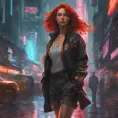 full body shot, beautiful woman walking with beatiful and detailed eyes, dynamic pose, slightly athletic beatiful body, medium-sized chest, detailed attire, Hyper Detailed, Intricate Artwork, Masterpiece, Cybernatic and Sci-Fi, Cyberpunk, Freckles, Full Lips, Red Hair, Smiling, Digital Illustration, Cityscape, Blade Runner 2049, Neon light effect, Realistic, Sharp Focus, Wide Angle, Neon, Dripping Colors, Matte, Futurism, Artwork, Dieselpunk, Colorful, Dynamic, Elegant, Expressive, Graceful, Hot, Gloomy, Sad, Stormy, Terrifying, Tired