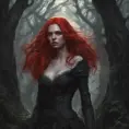 Red haired vampire in a haunted forest, Highly Detailed, Intricate, Gothic, Volumetric Lighting, Fantasy, Dark by Stanley Artgerm Lau