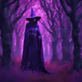 A mysterious witch cloaked in purple chaos energy, standing in a dark forest of salix trees, glowing with a powerful energy, 8k, High Definition, Highly Detailed, Trending on Artstation, Darkwave, Epic, Isometric, Cinematic Lighting, Smooth, 3D Rendering, Octane Render, Vibrant Colors, Ominous by Stanley Artgerm Lau, Zdzislaw Beksinski, H. R. (Hans Ruedi) Giger