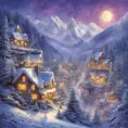 Charming fairy tale village, snow-covered decorated Christmas trees, warm inviting cabin, snowflakes, mountains with waterfall, soft light far-away full moon, glitter, stars, stardust, electric blue and purple sky, Digital Painting, Sharp Focus, Vibrant Colors, Hyper Realistic by Thomas Kinkade