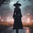 Enigmatic witch in rain standing in a spellbound park, 8k, Sci-Fi, Fantasy