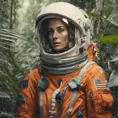 Medium-full shot, muted photo portrait titled "female Astronaut in a Jungle", tangerine space suit, muted palette, reflections, 8k, Highly Detailed