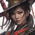 "female Japanese ronin", heroine, katana, samurai, head and shoulders portrait, intricately detailed eyes, 8k, Gothic and Fantasy, Trending on Artstation, Unreal Engine, Dynamic Lighting, Volumetric Lighting by Stanley Artgerm Lau, WLOP