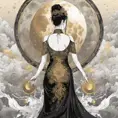 Full body back of an Asian goddess in a black dress with gold decorations. A dress with no flesh on the back, holding a fan in one hand. hyperdetailed eyes, Poster design, line art, a fantastically large moon background, ultra detailed artistic, detailed gorgeous face, natural skin, colour splash art, fire and ice, splatter, black ink, liquid melting, dreamy, glowing, glamour, glimmer, shadows, brush strokes, ominous, golden ratio, production cinematic character render, ultra high quality model, 8k, Highly Detailed, Intricate, Masterpiece, Oil on Canvas, Sharp Focus, Smooth, Unreal Engine, Glamour Shot, Vibrant Colors, Ominous