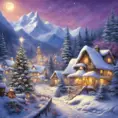 Charming fairy tale village, snow-covered decorated Christmas trees, warm inviting cabin, snowflakes, mountains with waterfall, soft light far-away full moon, glitter, stars, stardust, electric blue and purple sky, Digital Painting, Sharp Focus, Vibrant Colors, Hyper Realistic by Thomas Kinkade