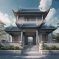 A gorgeous Chinese - style high - rise villa stands in the valley, luxurious majestic silver - grey blue antique palace, 8k, HD, High Definition, Soft Lighting