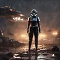 Digital art of a female TIE fighter pilot in the mud and rain on a landing pad at night, Unreal Engine, Volumetric Lighting