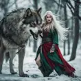 Lady of the Wild Hunt in action. Attractive slender woman with long white hair, emerald green eyes, red lips. Fierce expression. Dressed in viking dress. Frost on the ground. Standing next to large aggressive wolf., Full Body, Photo Realistic