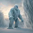 The Glacial Yeti is a towering ice creature that glistens with frost. Watch as ice crystals form and shatter realistically as it moves through its frigid habitat, 8k