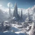 Futuristic galactic elven city in winter, 8k, Award-Winning, Highly Detailed, Beautiful, Octane Render, Unreal Engine, Radiant, Volumetric Lighting by James Gurney, Greg Rutkowski