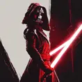 Portrait of a silhouette star wars figure in her red lightsaber, in the style of evocative environmental portraits, dark, red, Sci-Fi, Volumetric Lighting