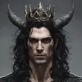 Head of a man with black hair wearing a horned crown, 4k resolution, Ultra Detailed, Closeup of Face, Gothic and Fantasy, Gothic, Horns, Large Eyes, Strong Jaw