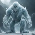 The Glacial Yeti is a towering ice creature that glistens with frost. Watch as ice crystals form and shatter realistically as it moves through its frigid habitat, 8k