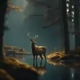 A deer among the trees, forest lake, moss, cold weather, dark teal and amber, Cinematic Lighting, Volumetric Lighting