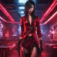 A fierce armed asian assassin in silk red dress at a high tech nightclub, Cyberpunk, Sci-Fi, Photo Realistic