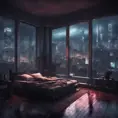 Beautiful cozy bedroom with floor to ceiling glass windows overlooking a cyberpunk city at night, thunderstorm outside with torrential rain, High Resolution, Highly Detailed, Darkwave, Gloomy