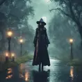 Enigmatic witch in rain standing in a spellbound park, 8k, Sci-Fi, Fantasy