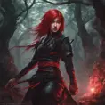 Red haired armed kunoichi ninja in a haunted forest, Highly Detailed, Intricate, Gothic, Volumetric Lighting, Fantasy, Dark by Stanley Artgerm Lau