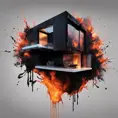 A modern home designed by Zara Hadid, Black Background, Fire and Ice, Splatter, Black Ink, Liquid Melting, Dreamy, Glowing, Glimmer, Shadows, 8k, Highly Detailed, Smooth, Vibrant Colors, Ominous