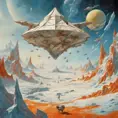 large landscape Photography, a large origami spaceship sailing in space around a frozen planet is attacked by enemy rockets, 80 degree view, 8k, Sci-Fi by Salvador Dali, James Jean