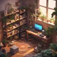 isometric render, messy nostalgic bedroom with a gaming pc, windows, plants bookshelves, desk, 8k, Behance, Dynamic Lighting, Concept Art, 3D art, Muted