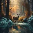 A deer among the trees, forest lake, moss, cold weather, dark teal and amber, Cinematic Lighting, Volumetric Lighting