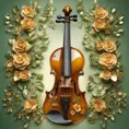 Vintage violin decorated all around with three-dimensional flowers and leaves in green and gold colors, beautiful and pleasant lighting, 8k, Intricate Details, Natural Light