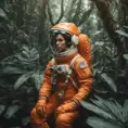 Medium-full shot, muted photo portrait titled "female Astronaut in a Jungle", tangerine space suit, muted palette, reflections, 8k, Highly Detailed