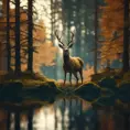 A deer among the trees, forest lake, moss, cold weather, dark teal and amber, Cinematic Lighting, Volumetric Lighting