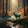 A deer among the trees, forest lake, moss, cold weather, dark teal and amber, Cinematic Lighting, Volumetric Lighting