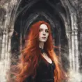 Red headed witch with shimmering hair and magical aura in a haunted castle, Gothic and Fantasy