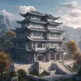 A gorgeous Chinese - style high - rise villa stands in the valley, luxurious majestic silver - grey blue antique palace, 8k, HD, High Definition, Trending on Artstation, Soft Lighting