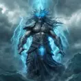 A celestial Blue-skinned God of the Seas, Storms, and Exploring emanating power of the seas, wearing half-leather, shrouded in storms in the style of digital art, 8k, Fantasy