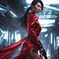 A fierce armed asian assassin in silk red dress at a high tech nightclub, Cyberpunk, Sci-Fi, Photo Realistic