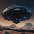 Entire black Spaceship, from side, in an alien planet with dark blue background, Highly Detailed, Unreal Engine