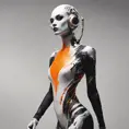 Ethereal minimalist Alien race cybergoth fashion photography painting, in the style of fluorecent orange  ,pearl_white  black  and silver , heavy use of palette knives, full body wide shot painting of teachment , Intricate, Sharp Focus, Concept Art