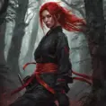 Red haired armed kunoichi ninja in a haunted forest, Highly Detailed, Intricate, Gothic, Volumetric Lighting, Fantasy, Dark by Stanley Artgerm Lau