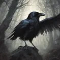 Raven in a haunted forest, Highly Detailed, Intricate, Gothic, Volumetric Lighting, Fantasy, Dark by Stanley Artgerm Lau