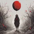 dark aesthetic, A creepy dark humanoid figure, holding a red balloon, scary, eerie, stunning fantasy illustration, Intricate Details, Fantasy, Dark