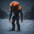 A alien soldier monster, distant full body portrait in a landscape, wearing black white orange lights, during a snow storm,,,ice, cold, dark lighting, depth of field, in a cold snowstorm, outdoors, night,, Intricate Details