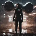 Digital art of a female TIE fighter pilot in the mud and rain on a landing pad at night, Unreal Engine, Volumetric Lighting