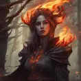 Fire mage in a haunted forest, Highly Detailed, Intricate, Gothic, Volumetric Lighting, Fantasy, Dark by Stanley Artgerm Lau