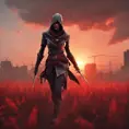 Female assassin creed emerging from a batte field. Sky is colored by a red sun set., 8k, Dystopian, Trending on Artstation, Volumetric Lighting