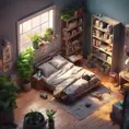 isometric render, messy nostalgic bedroom with a gaming pc, windows, plants bookshelves, desk, 8k, Behance, Dynamic Lighting, Concept Art, 3D art, Muted