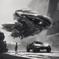 One with a spacecraft parked next to another, in the style of monochromatic compositions, dynamic action sequences, wlop, vray, silver and black, streamline elegance, hisui sugiura, Sci-Fi, Volumetric Lighting