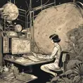 A woman dressed in an old-fashioned space outfit, with a constellations map in a desk and an astrolab in the hand in a jungle. Detailed image with vintage vidéo game animation style, with great lighting and tension., Vintage Illustration, Retro-Futurism