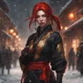 Mysterious beautiful kunoichi ninja wearing black, red, and gold jewelry in the streets of a dark snowy town in russia, 8k, Intricate Details, Trending on Artstation, Red Hair by Stanley Artgerm Lau, WLOP