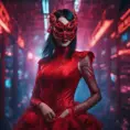 Asian cyberpunk feme fatale in expensive red dress with mask at a masquerade ball smart but dangerous in a high-tech club., Cyberpunk, Photo Realistic