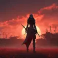 Back view of a female assassin on a batte field. The sky is colored by a red sun set., 8k, Dystopian, Trending on Artstation, Volumetric Lighting